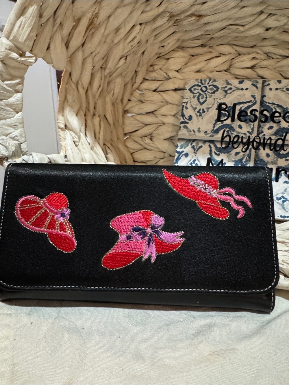 Black Women's Wallet Clutch with Pink & Red Hat Society Embroidery.